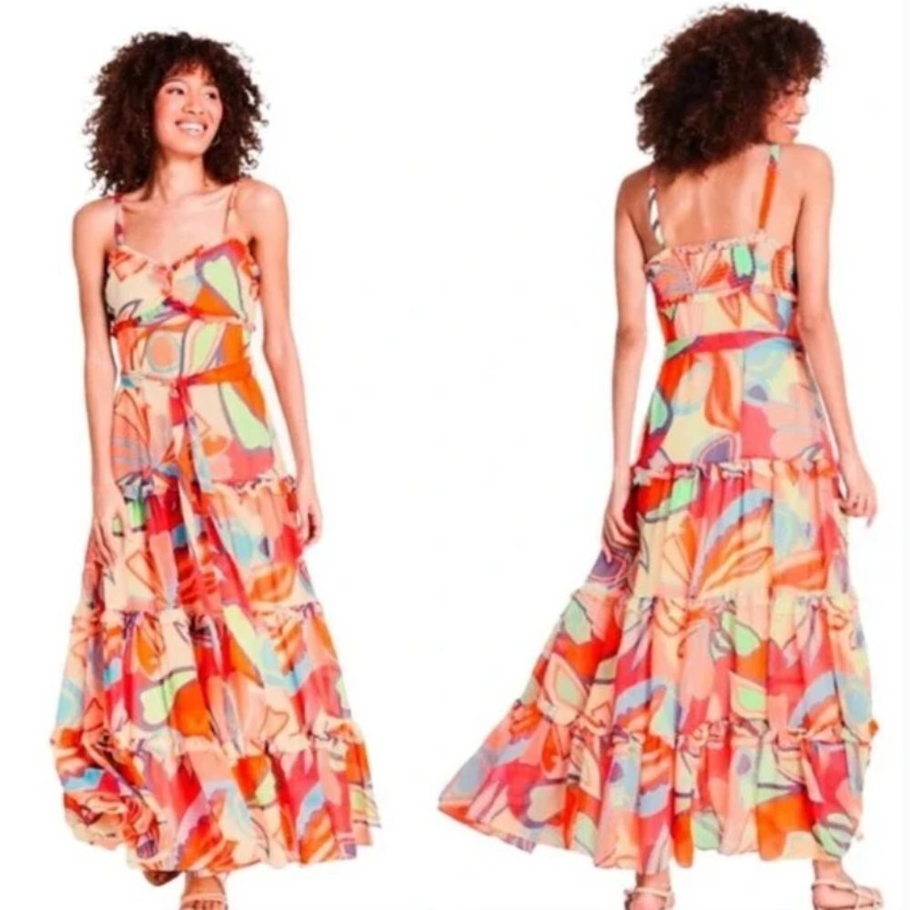 ALEXIS Mixed Floral Sleeveless Tiered Ruffle Dress
